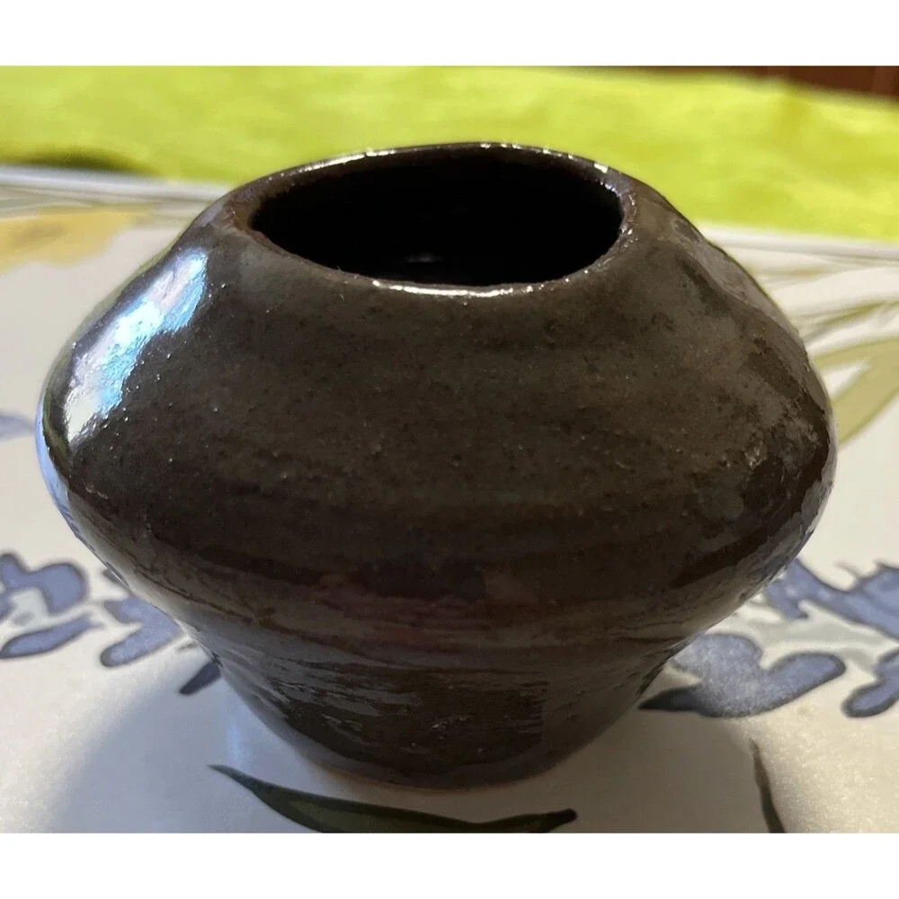 Brown Pottery Vase 3” Tall 5” Wide Handmade Rustic Glazed - Crafted by AV